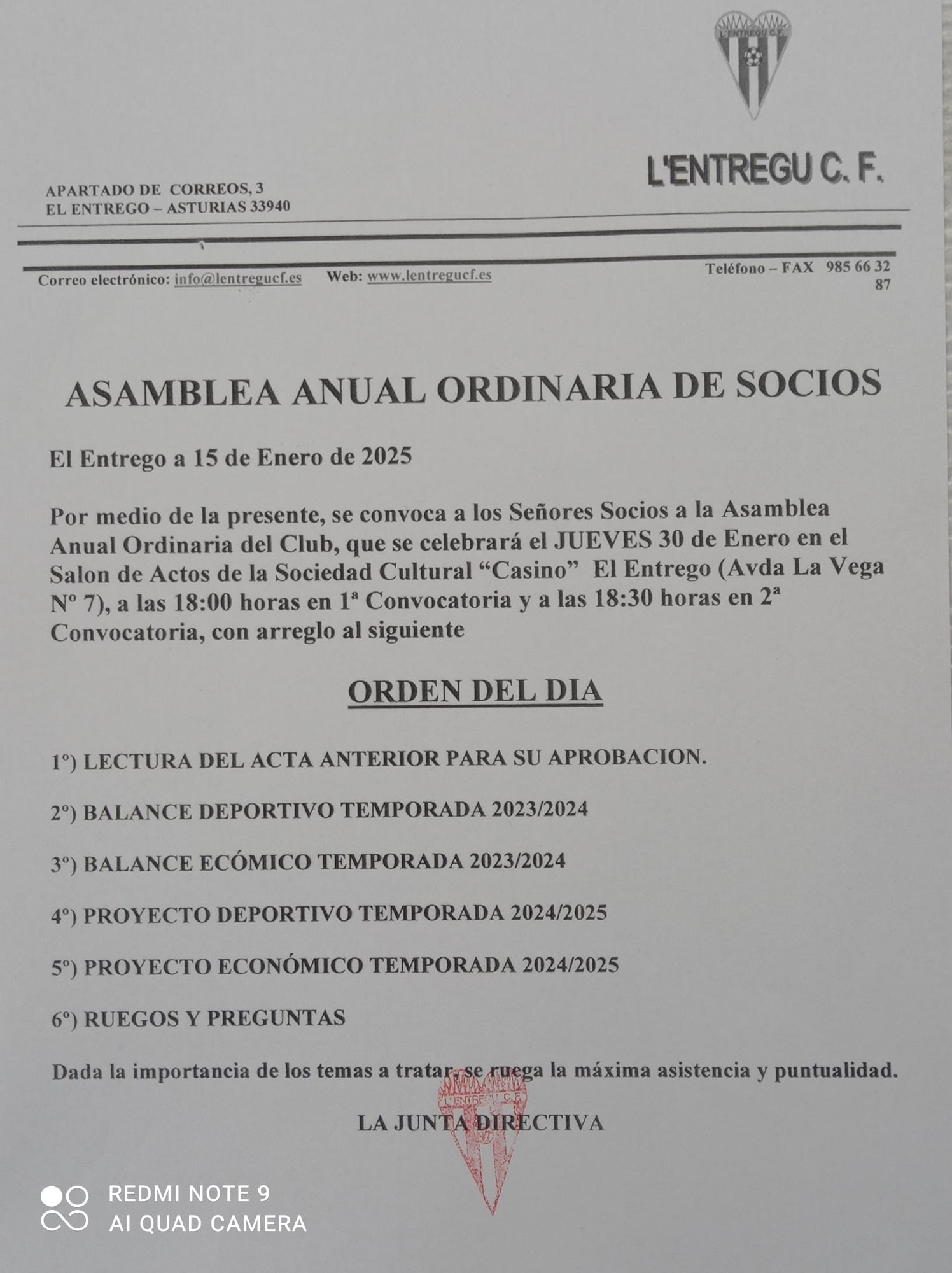 Asamblea anual ordinaria de socios del C.F. El Entrego